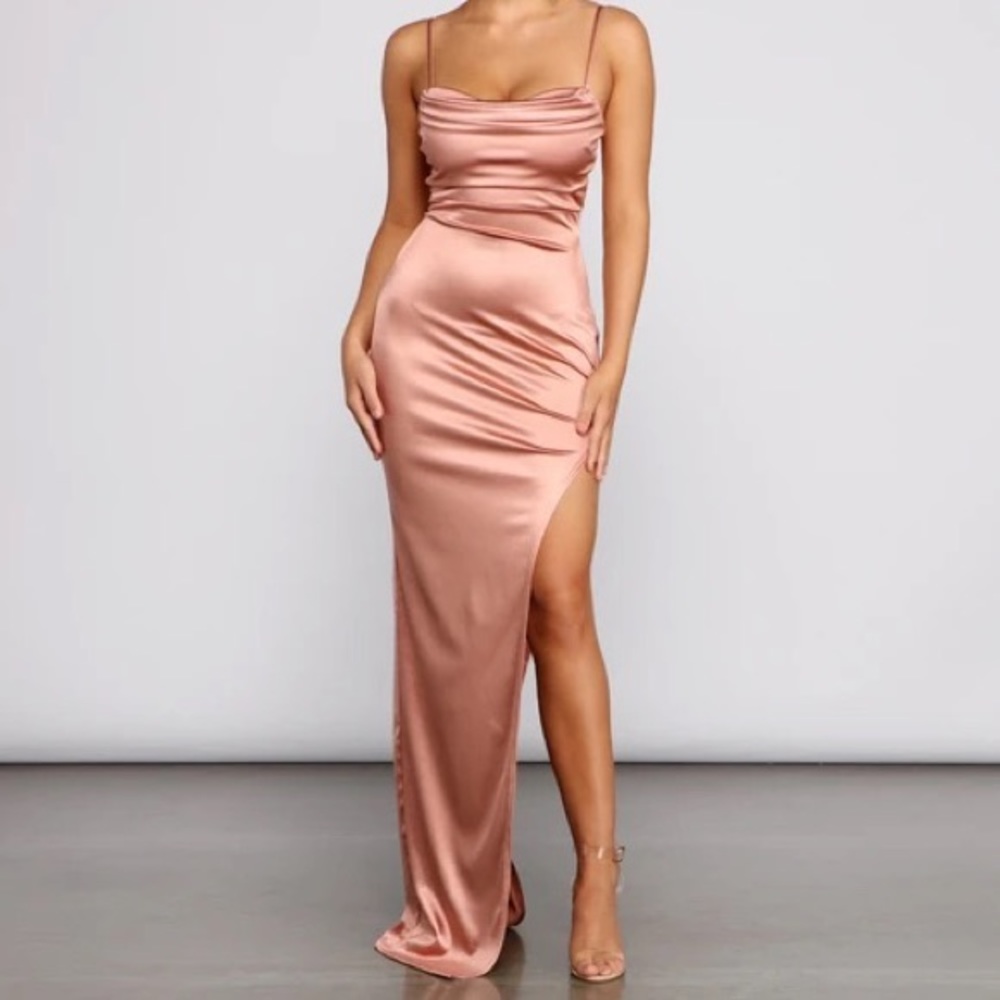 Windsor rose gold satin bridesmaid dress